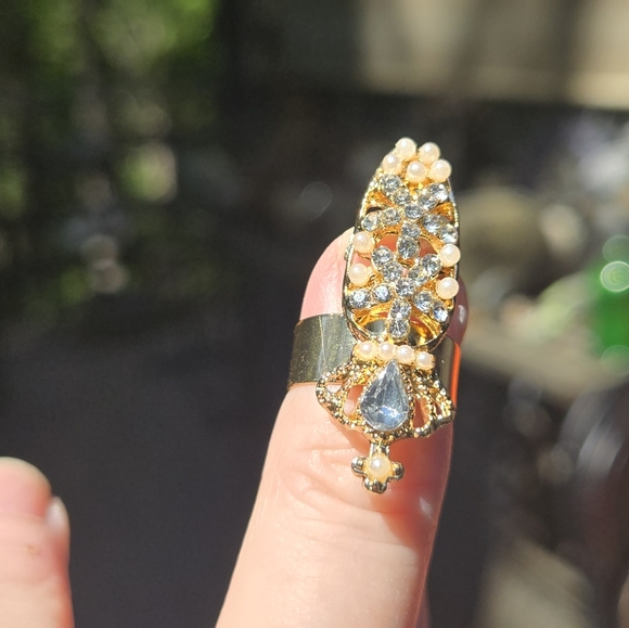 Gold Dainty Nail Ring with Sparkling Stones & Pearls - Picture 4 of 6